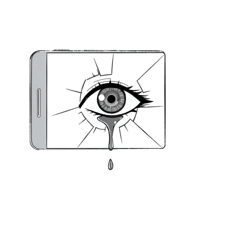 A shattered smartphone screen displaying a digital eye with a tear rolling down its cheek