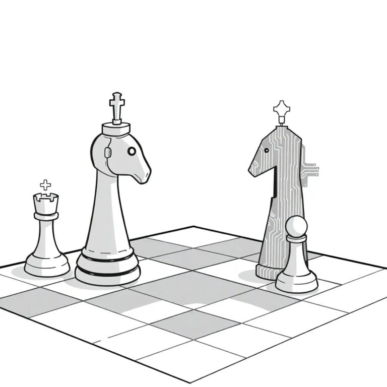 A chessboard with AI-controlled pieces facing off against human-controlled pieces, where one side's king is a corporate logo and the other is a digital circuit board.