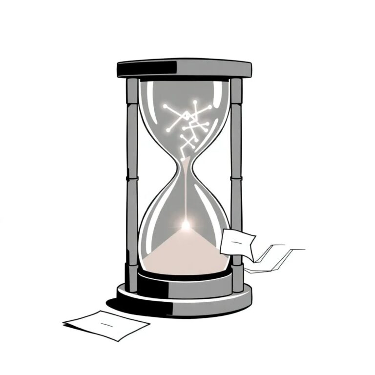A digital hourglass with glowing, intertwined circuits and legal parchment flowing through it