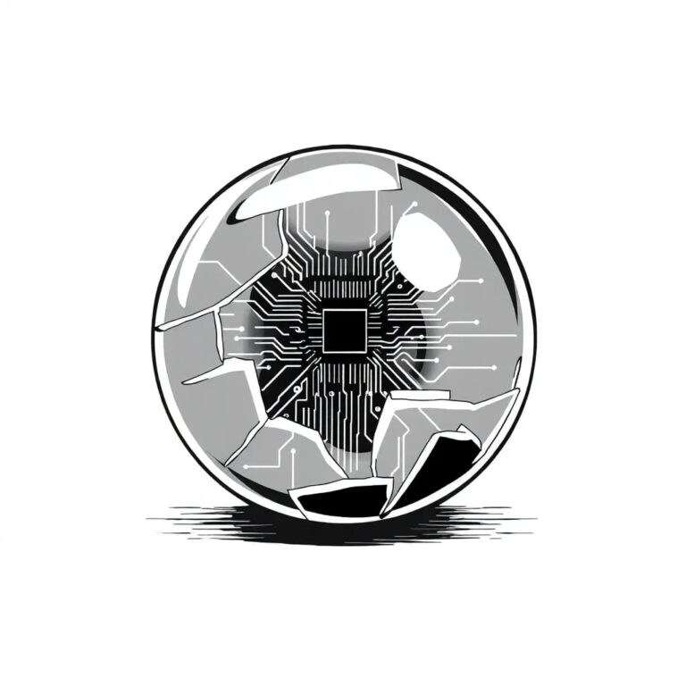 A shattered crystal ball reflecting a digital circuit board