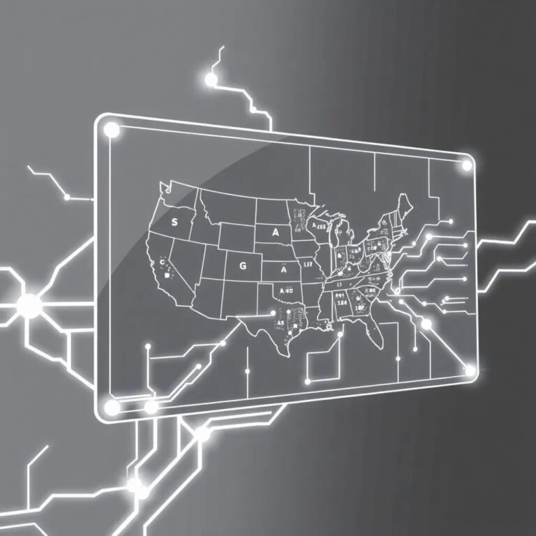 A futuristic, transparent AI control panel with glowing, interconnected neural pathways, displaying a map of the United States with dynamic, real-time data streams flowing through it.