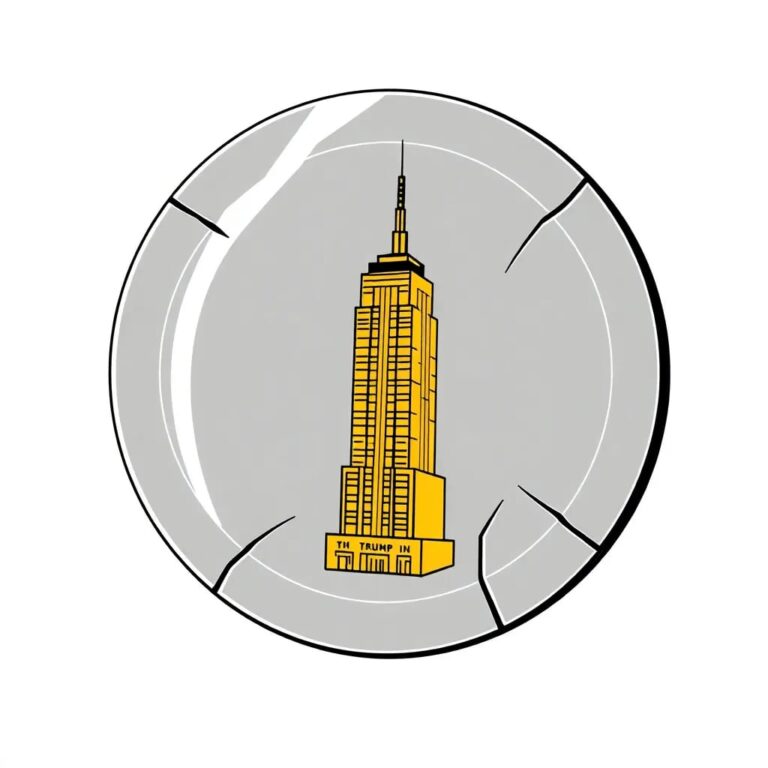 A shattered silicon wafer with a golden Trump Tower skyscraper miniature embedded in its center