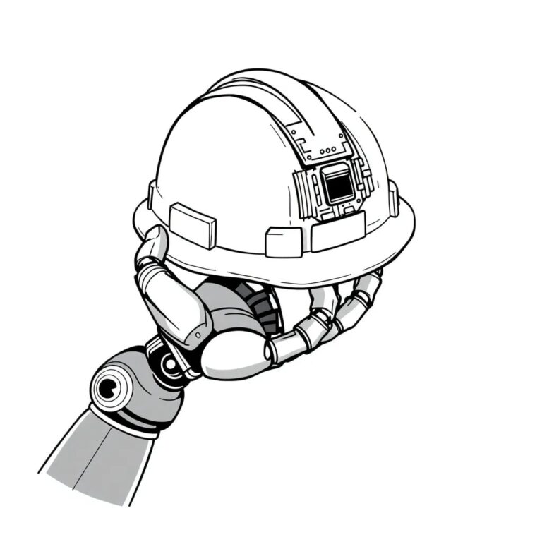 A robotic arm holding a traditional worker's hard hat, with a digital circuit board integrated into the hat.