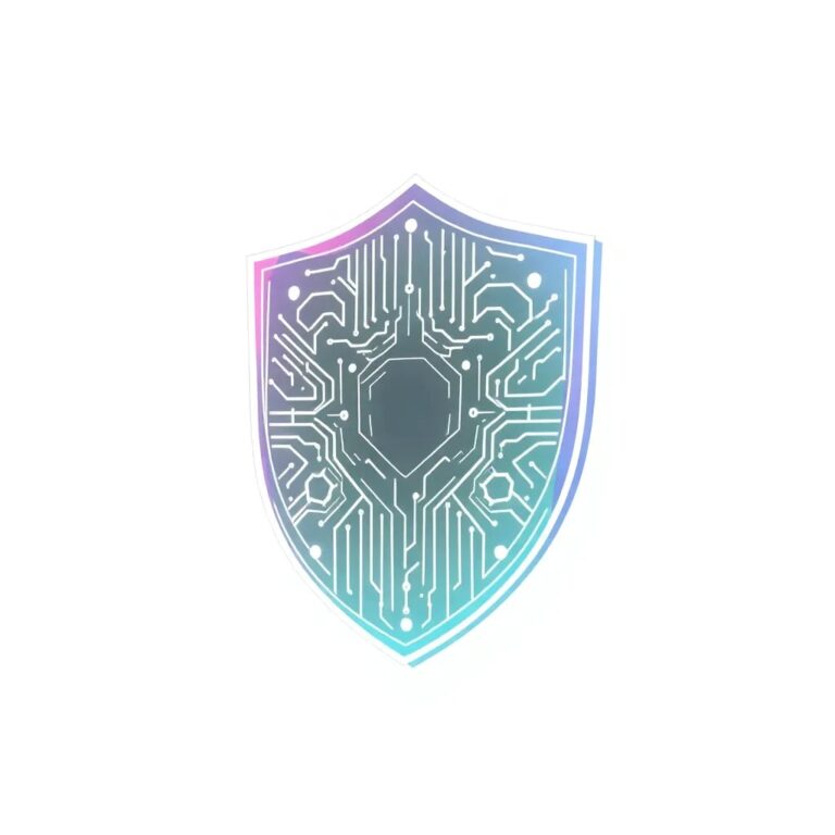 A futuristic, iridescent AI shield with a glowing, ever-changing circuit pattern that adapts and evolves in real-time, symbolizing dynamic protection and governance.