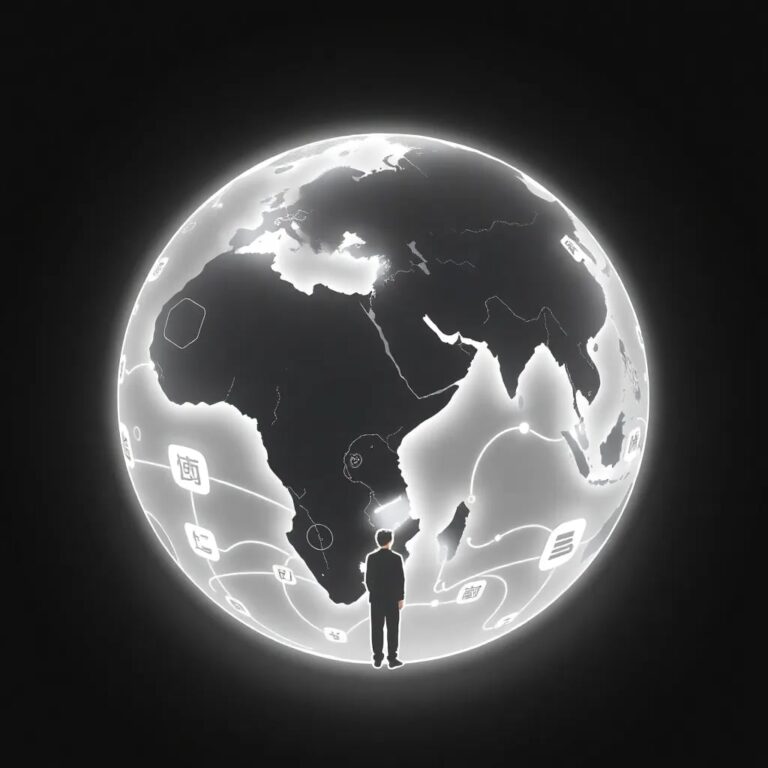 A multi-lingual, AI-driven interactive globe that illuminates with interconnected pathways representing collaborative AI initiatives between China and ASEAN countries, with a central human figure at its core.