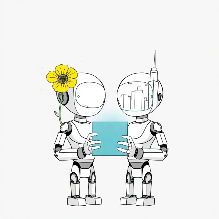A futuristic, dual-headed robot statue, one head adorned with a golden California poppy and the other with a New York City skyline, both holding a glowing, digital codex.
