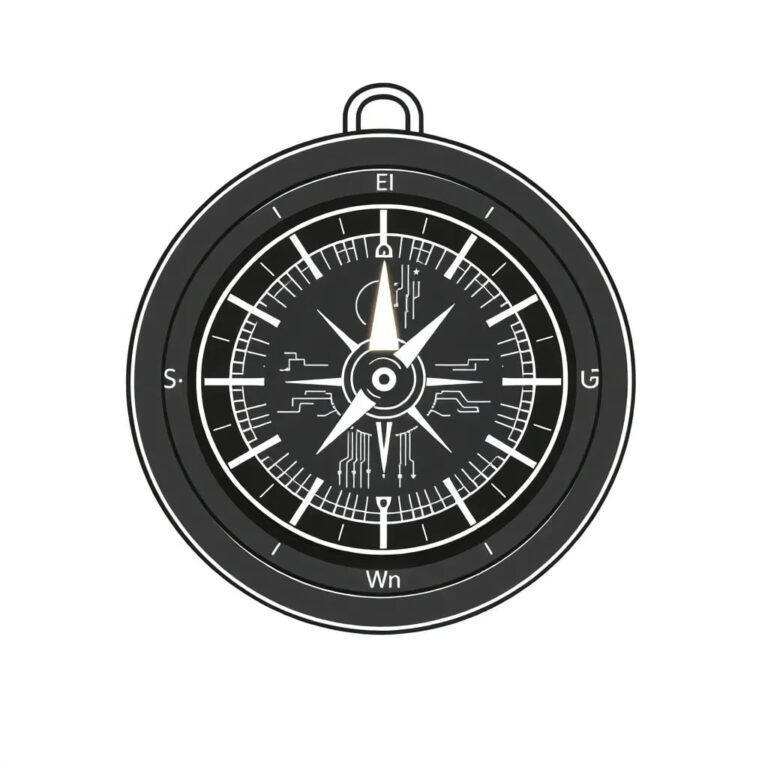 A digital compass with a glowing AI circuit board as its needle, constantly adjusting to navigate through a dynamic, holographic landscape of interconnected data nodes.