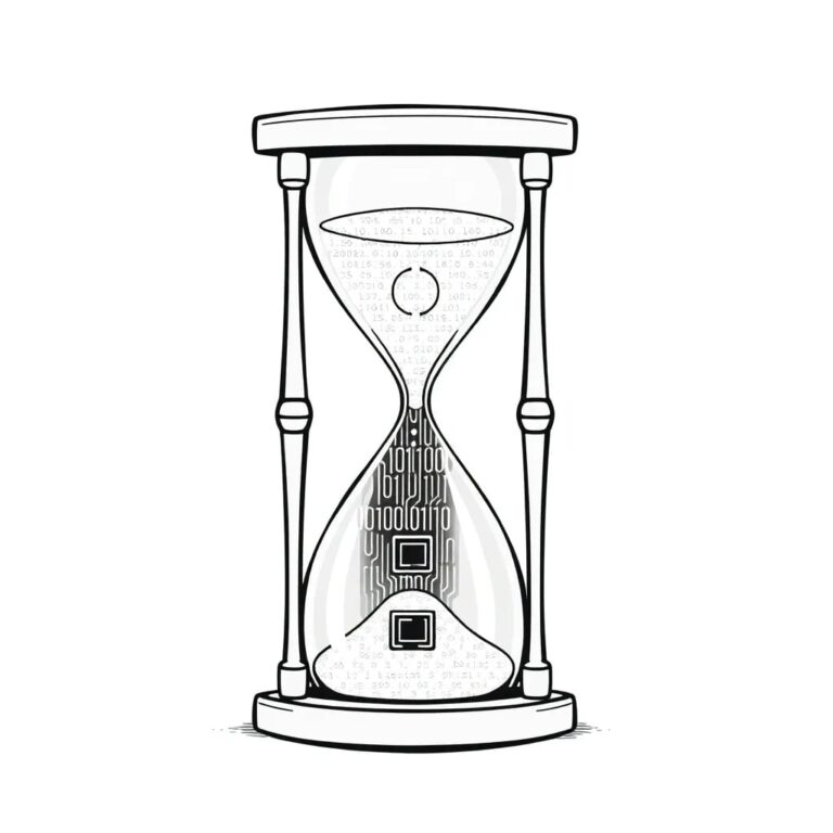 A digital hourglass filled with binary code, where the sand flows from a transparent AI processor to a glowing, ethically aligned circuit board.