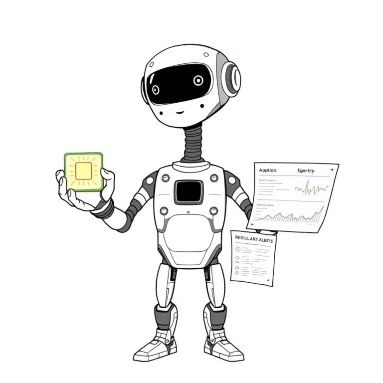 A futuristic, multi-armed robot holding a glowing AI chip in one hand and a tangled web of regulatory documents in the other, with a digital dashboard displaying fluctuating adoption rates and governance alerts.