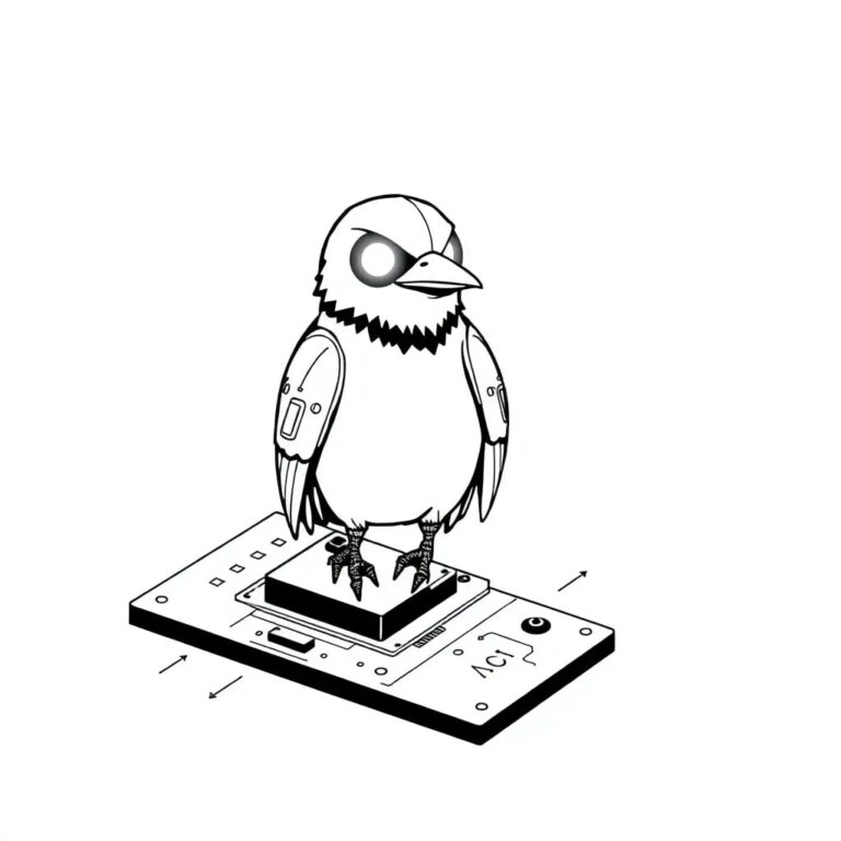 A mechanical raven perched on a digital circuit board, its eyes glowing with binary code.