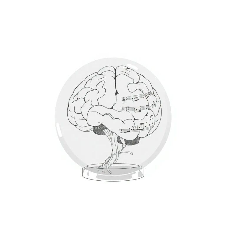 A translucent, multi-layered glass sculpture depicting a neural network intertwined with a human brain, with a blueprint of a musical score etched onto its surface.