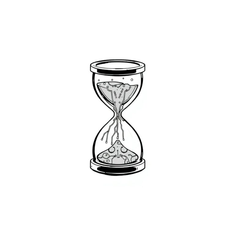 A shattered digital hourglass with AI circuitry exposed