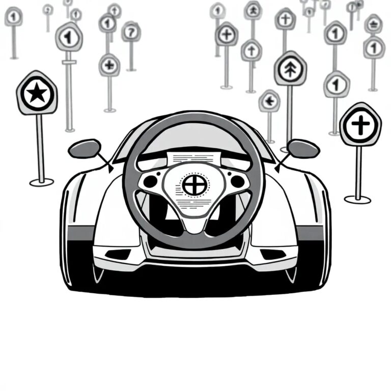 A futuristic, sleek AI-powered race car with a steering wheel shaped like a regulatory document, driving through a maze of ever-changing legal and ethical signposts.