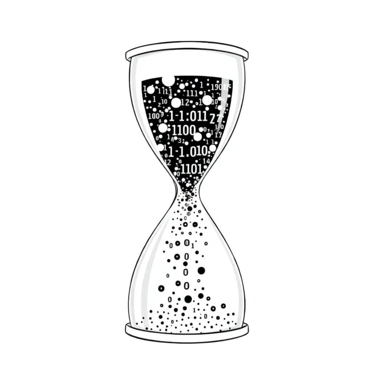 A futuristic, transparent hourglass filled with shimmering, binary code particles that slowly shift from chaotic to orderly patterns as they descend.