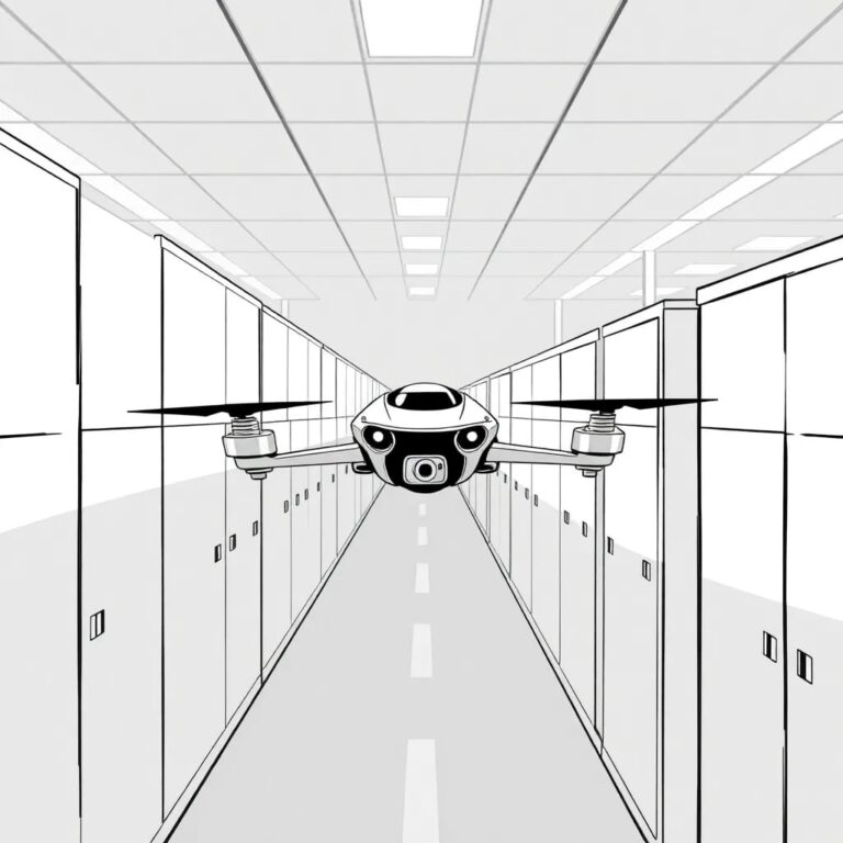 A high-speed, self-driving drone racing through a maze of static, outdated office cubicles