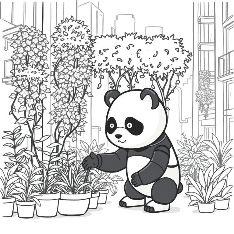 A futuristic, AI-controlled panda robot tending to a lush, vertical garden in a high-tech urban setting