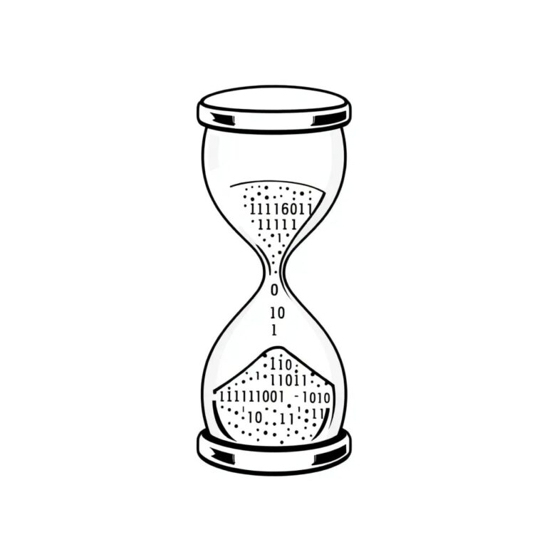 A futuristic, transparent hourglass filled with binary code instead of sand