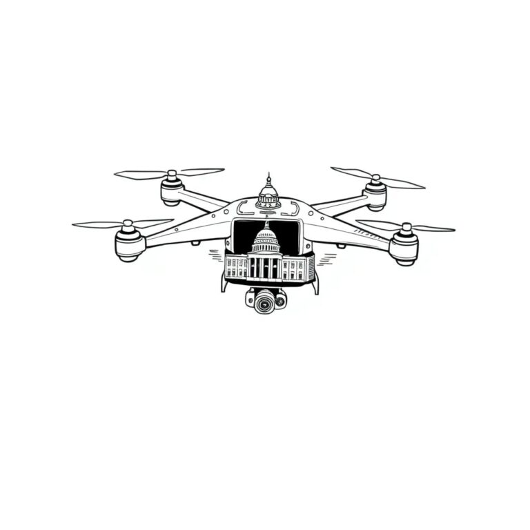 A futuristic, AI-controlled drone hovering over a map of Utah, with a digital circuit board embedded in its wings, displaying a split-screen of the Utah State Capitol and the White House.