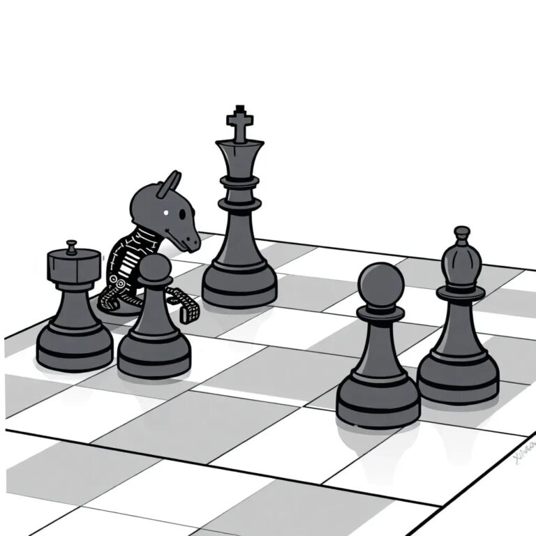 A chessboard with AI-controlled pieces playing against human-controlled pieces, where the AI pieces are made of advanced, glowing circuitry.