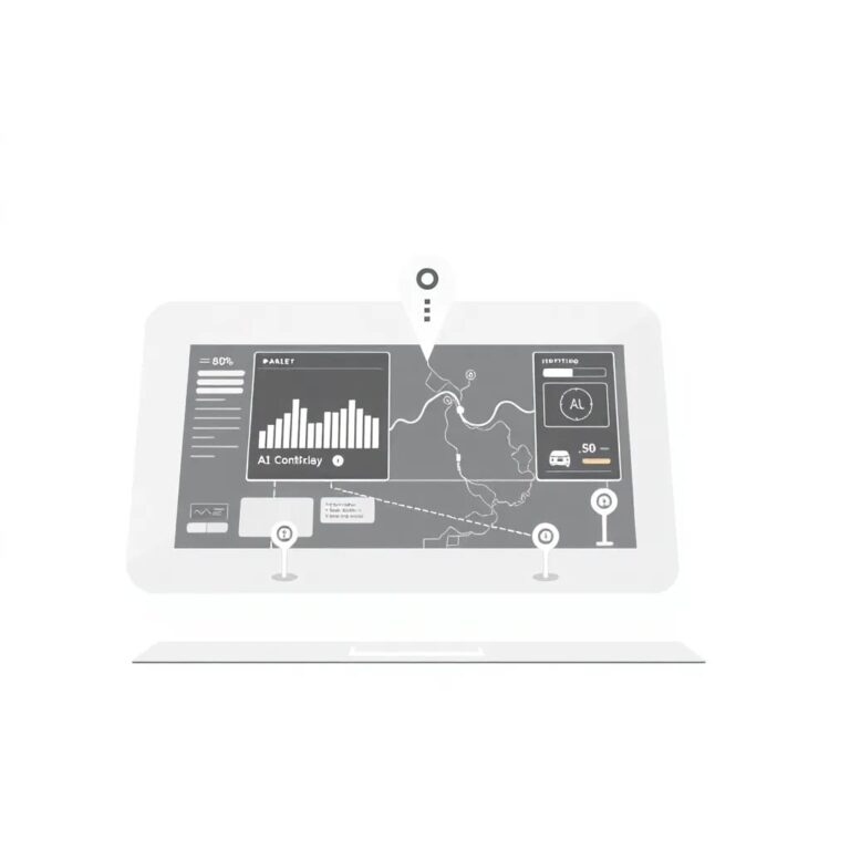 A digital dashboard with a holographic map displaying real-time compliance data, surrounded by AI-driven route optimization algorithms and regulatory checkpoints.