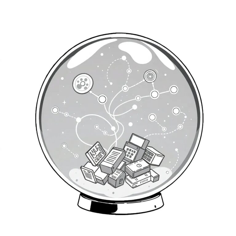 A crystal ball filled with swirling data streams and miniature product prototypes