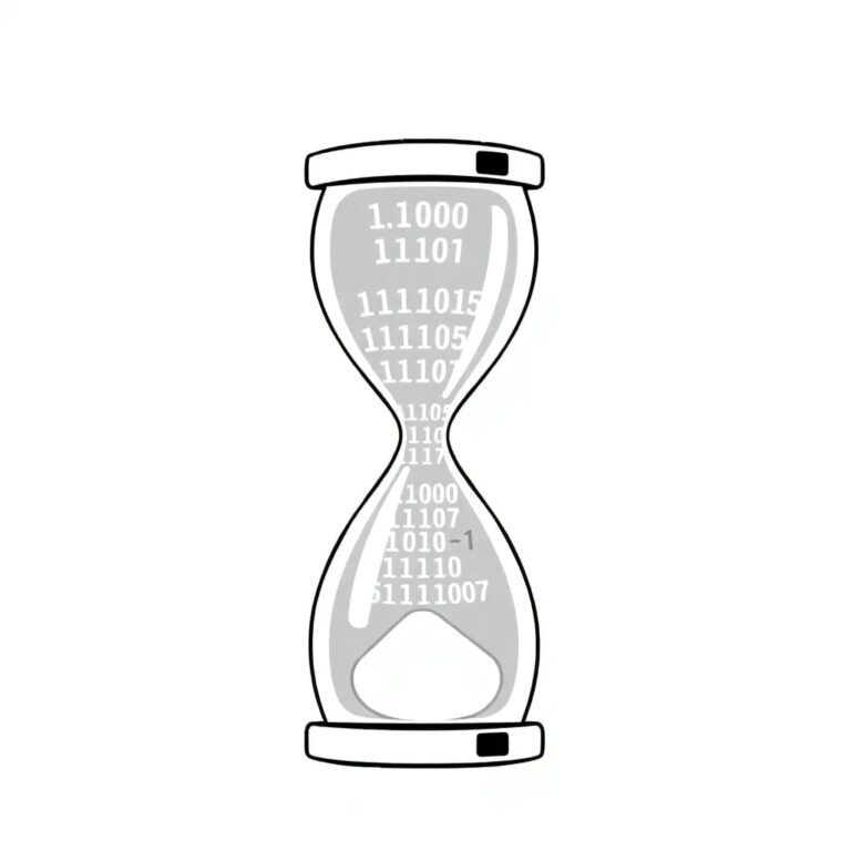 A digital hourglass filled with binary code, seamlessly transitioning into a shield as it empties
