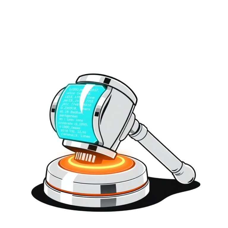 A futuristic gavel crafted from a blend of polished metal and glowing circuits, with a digital display screen embedded in its face, showing a dynamic, ever-changing legal code.
