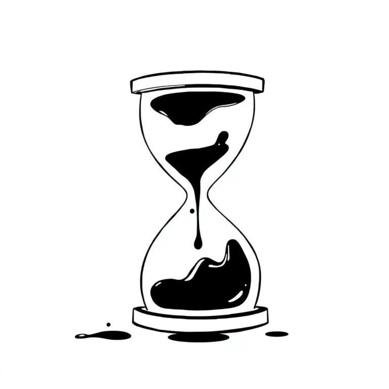 A shattered digital hourglass with liquid pixels flowing through its broken center