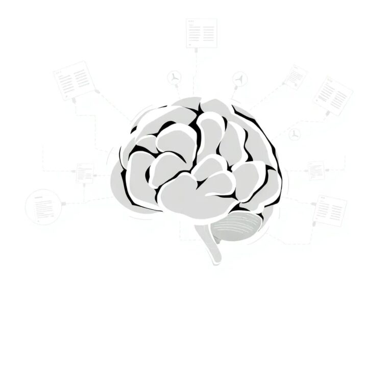 A futuristic, transparent AI brain connected to a labyrinth of legal documents and digital code