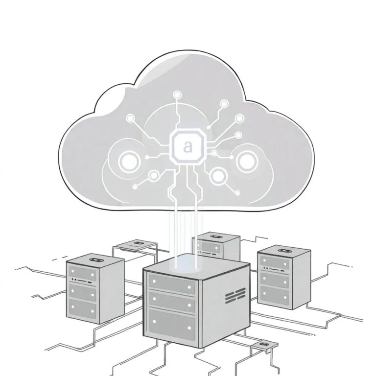 A futuristic, transparent AI-driven cloud, with embedded, glowing circuits representing governance protocols, hovering above a digital landscape of interconnected servers.