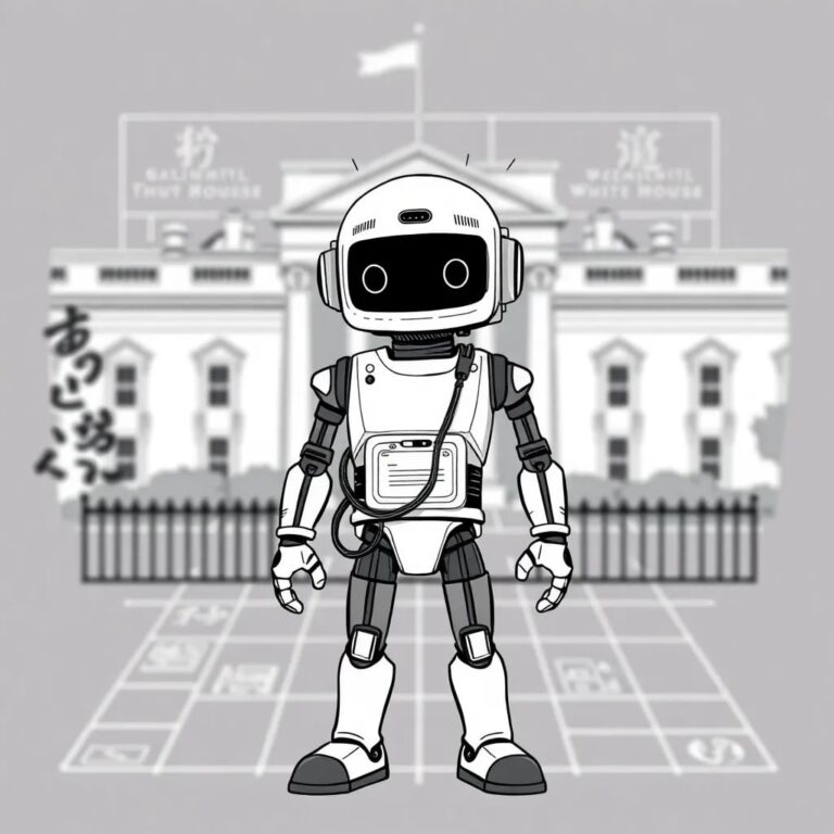 A half-assembled, futuristic robot with exposed wires and blinking circuits, standing in front of a blurred, unfinished blueprint of the White House.