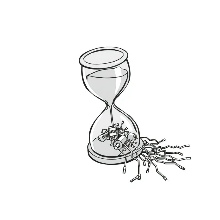 A shattered digital hourglass with AI circuitry spilling out