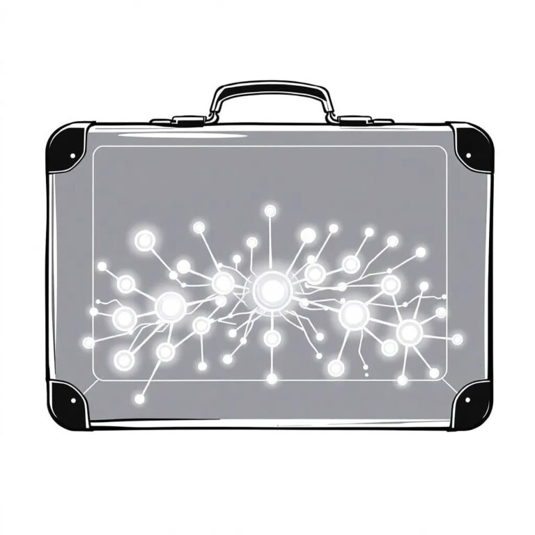 A futuristic, transparent legal briefcase filled with glowing, interconnected digital nodes representing data and AI algorithms.