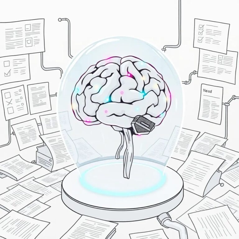 A futuristic, transparent AI brain encased in a glass dome, with interconnected neural pathways illuminated by pulsating, multicolored lights, surrounded by a labyrinth of regulatory documents and compliance checklists.