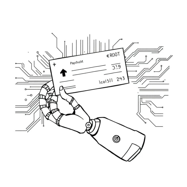 A robotic arm holding a paycheck with a digital circuit board overlay