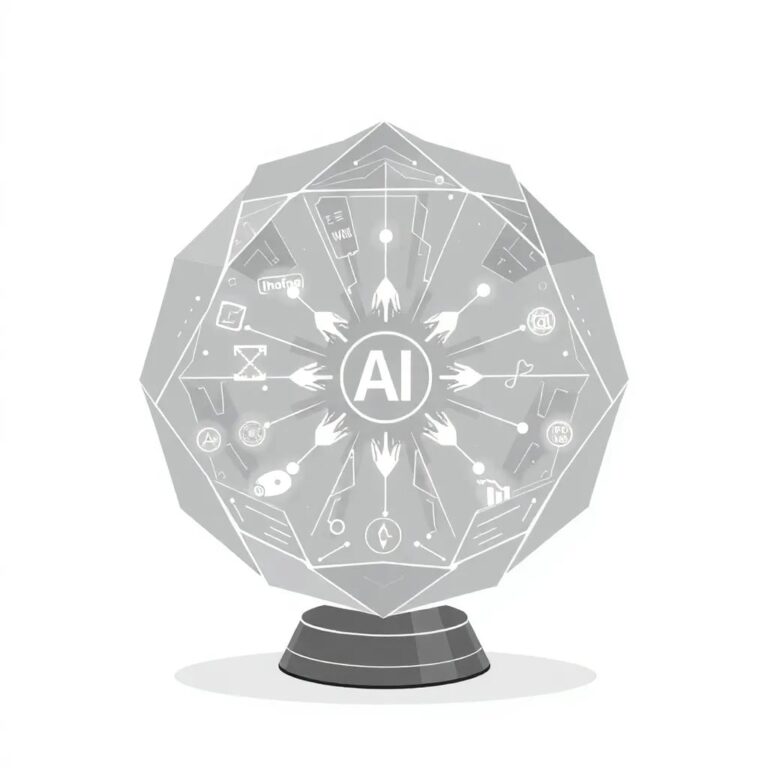 A futuristic, multi-faceted crystal orb displaying ever-shifting algorithms and data streams, with a central AI core that pulses with light, surrounded by a network of interconnected, glowing nodes representing different stakeholders.