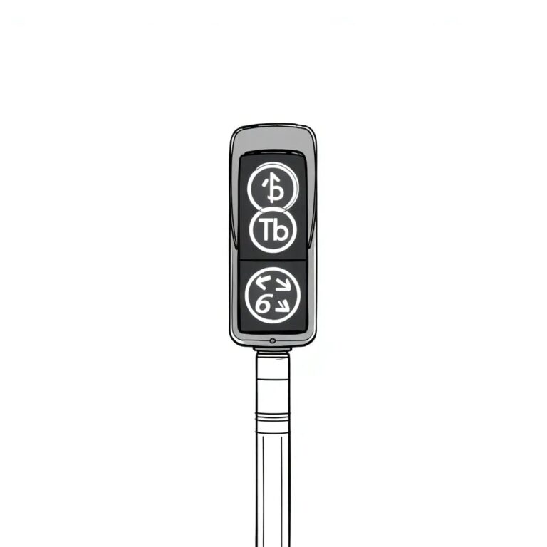 A futuristic, AI-controlled traffic light that displays ever-changing, algorithmically generated traffic rules on its screen.