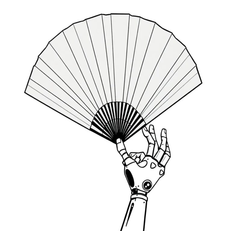 A robotic arm delicately holding a traditional Korean fan, with intricate circuitry visible beneath the fan's surface