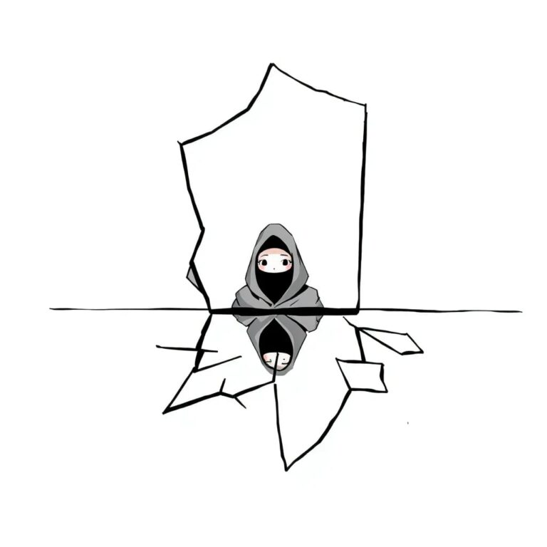 A shattered mirror reflecting a digital avatar