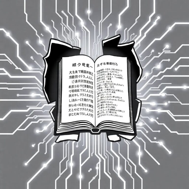 A shattered, glowing circuit board with a book page embedded in the center, displaying a list of citations that flicker and change like corrupted data.