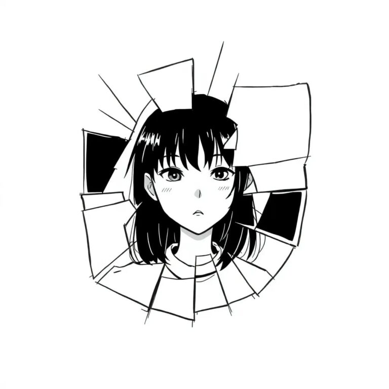 A shattered digital mirror reflecting a fragmented, pixelated self-portrait