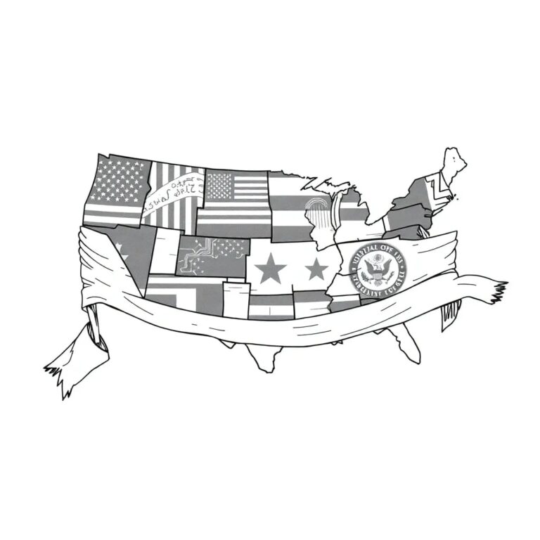 A shattered mosaic of state flags, each piece glowing with digital circuitry, held together by a fraying federal banner