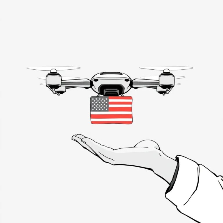 A futuristic, AI-controlled drone delivering a miniature, glowing American flag to a contractor's outstretched hand