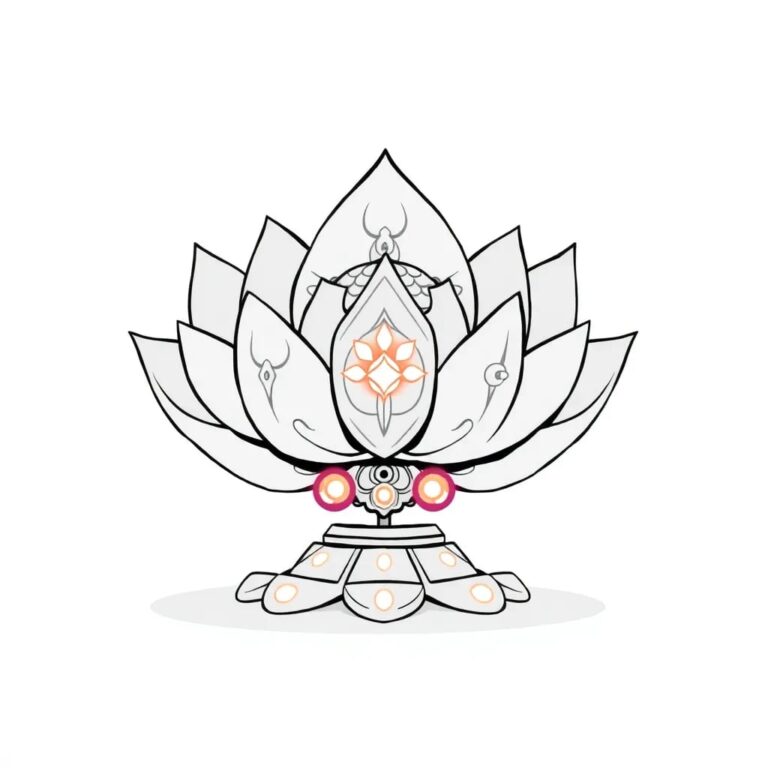 A lotus-shaped AI processor with intricate sutra inscriptions and glowing chakra-colored LEDs