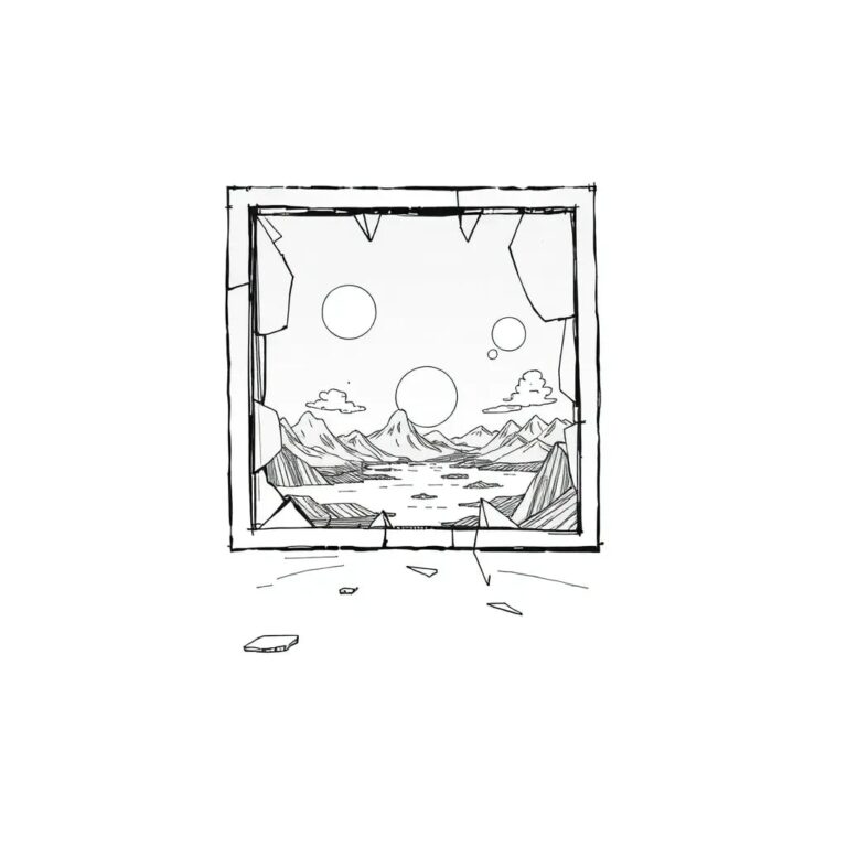 A shattered digital mirror reflecting a fragmented AI-generated landscape