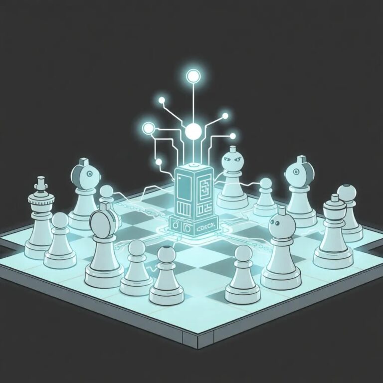 A mechanical chessboard where the pieces are interconnected by a web of glowing neural networks, with a central AI processor piece that can dynamically alter the rules of the game.