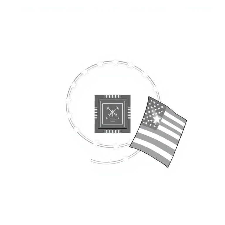 A digital lasso made of intertwined EU and US flags, glowing with binary code, tightening around a holographic AI chip