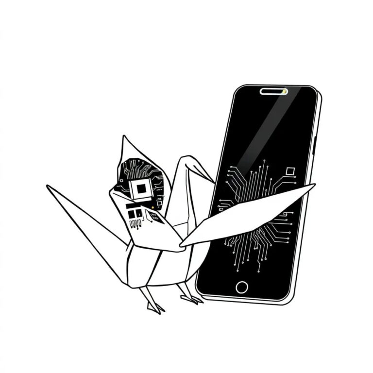 A traditional Japanese origami crane with a microchip embedded in its wing, standing next to a sleek, modern South Korean smartphone displaying a digital circuit board