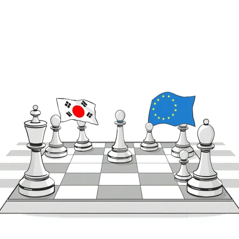 A futuristic, holographic chessboard with pieces representing AI algorithms and regulatory frameworks, where a South Korean flag is poised to capture the EU flag's king.