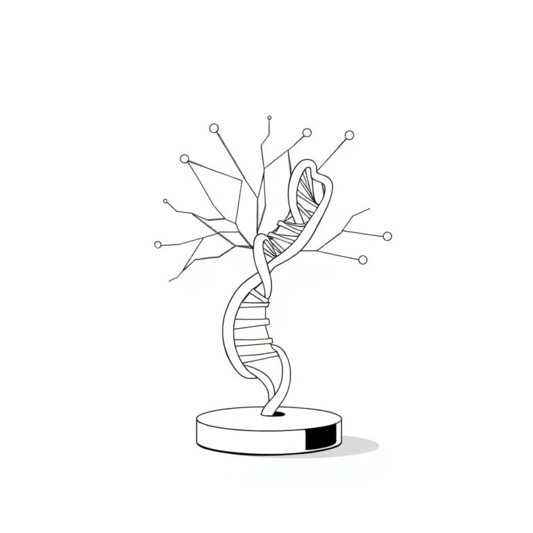 A stylized, interconnected neural network sculpture with a double helix DNA strand intertwined, representing the fusion of AI and biological data in drug development.